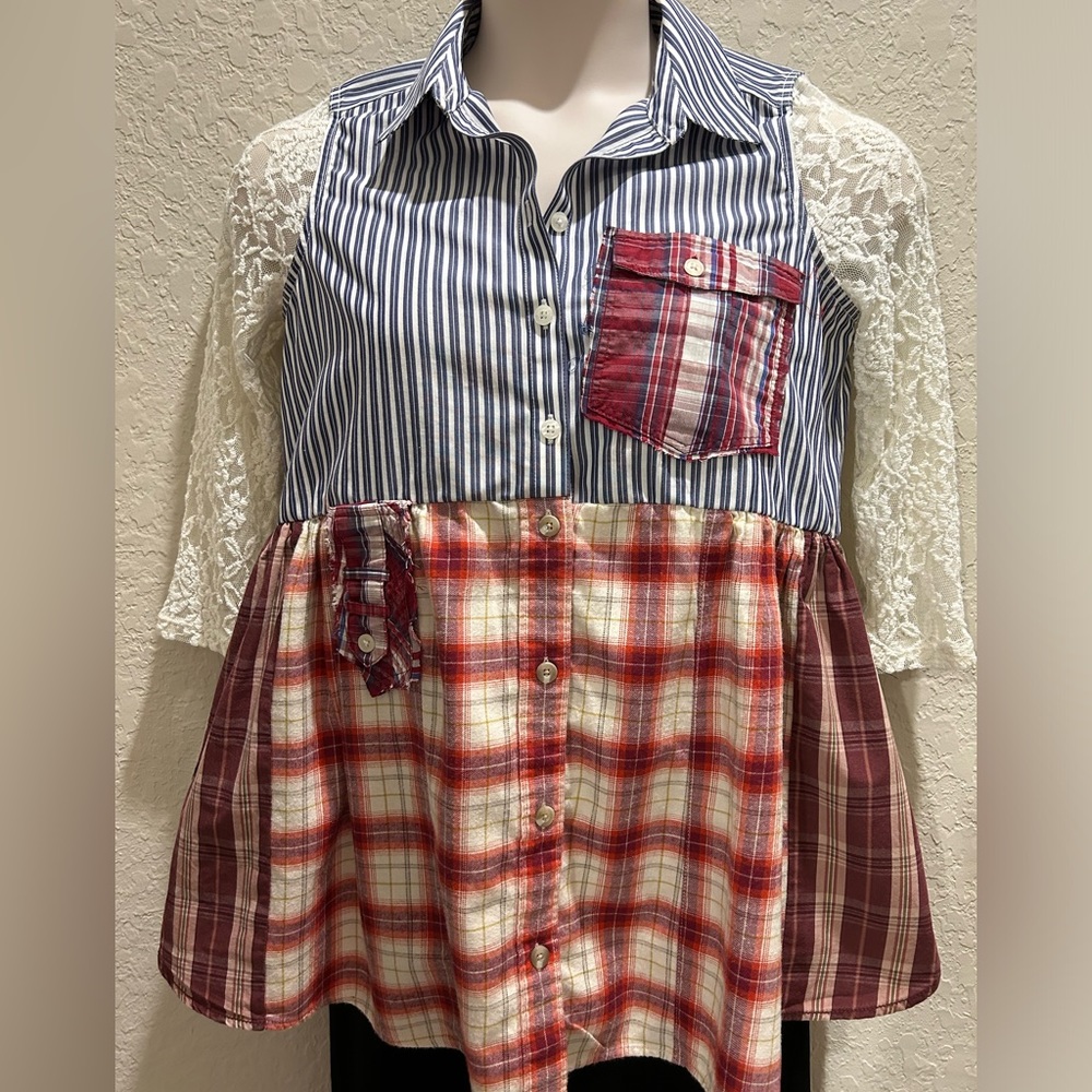 Upcycled CHICO’S Casual Women’s/Mens shirt/ top , Casual, Boho -Chico’s size 0
